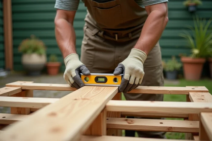 Calage de palettes avec des lambourdes transversales en bois traité sous la structure de la terrasse