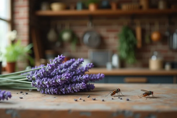 Gros plan réaliste d'un brin de lavande repoussant naturellement moustiques et mouches dans une cuisine rustique, illustrant les propriétés répulsives de la plante