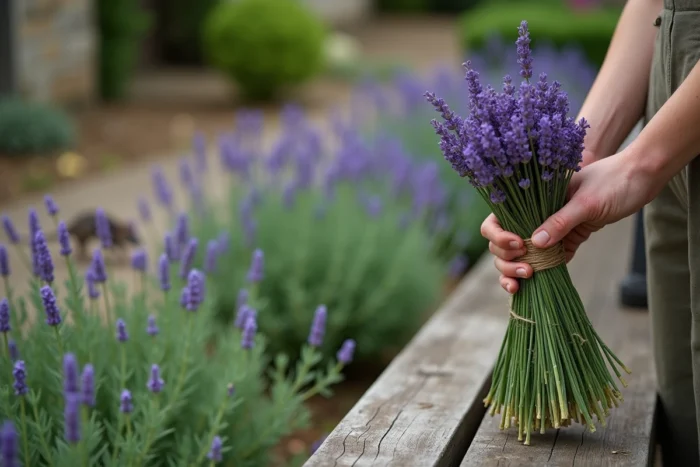 Main de jardinier tenant un bouquet de lavande fraîche pendant qu'une souris fuit le long d'un mur de pierre, illustrant le rôle répulsif de la lavande contre les rongeurs