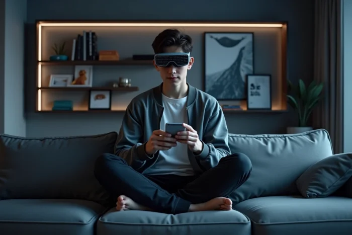 Personne portant des lunettes de réalité augmentée dans un salon connecté futuriste