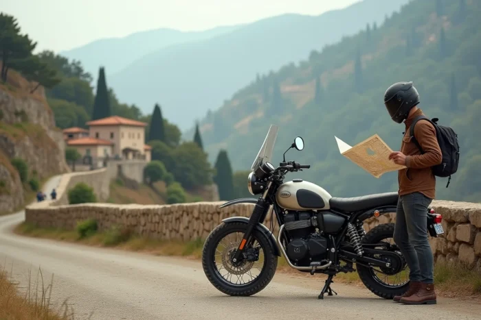 Motard consultant une carte en bord de route N260 en Espagne avec village perché sur fond de collines pyrénéennes
