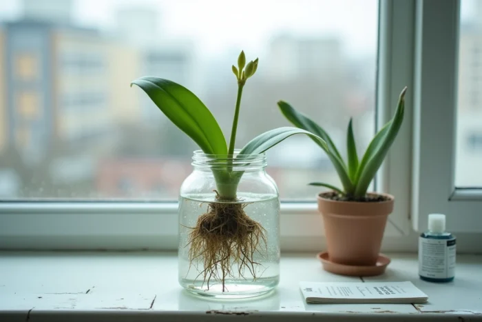 Gros plan d'une orchidée en cours de reprise avec de nouvelles pousses dans un vase en verre posé sur un rebord de fenêtre