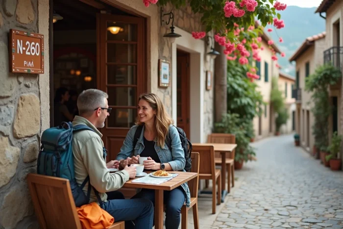 Couple de voyageurs faisant une pause dans un café de village montagnard sur la route N260 en Espagne avec carte routière et café
