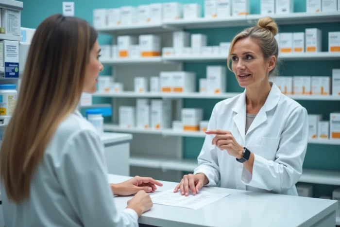Pharmacienne expliquant les effets secondaires du Levothyrox à une patiente au comptoir d'une pharmacie