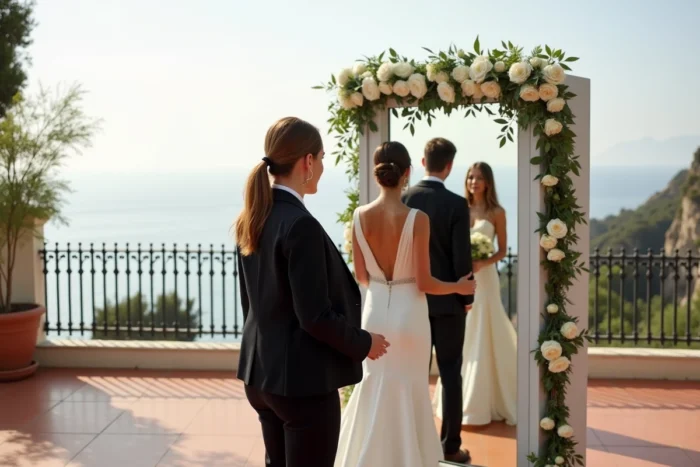 Animation photobooth miroir magique lors d'un mariage en plein air sur une terrasse à Marseille avec vue mer