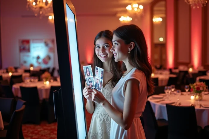 Mère et fille tenant des tirages photo devant un photobooth miroir magique lors d'un événement d'entreprise à Marseille