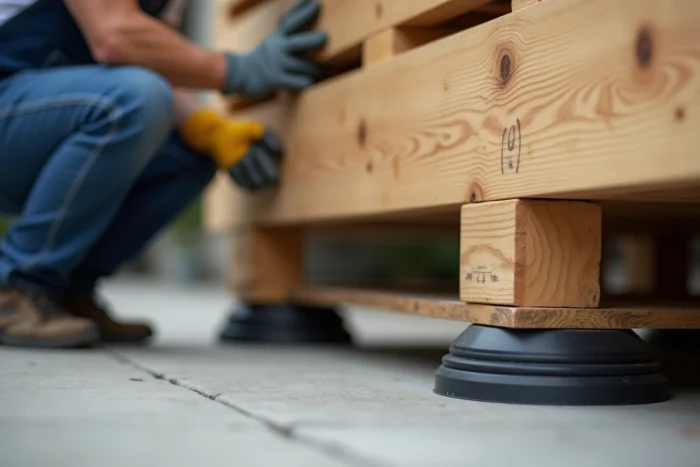 Plots réglables anti-vibration installés sous une palette en bois sur une surface en béton pour surélever la terrasse