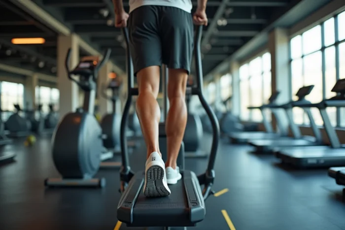 Homme utilisant un elliptique en salle de sport avec les pieds bien positionnés sur les pédales