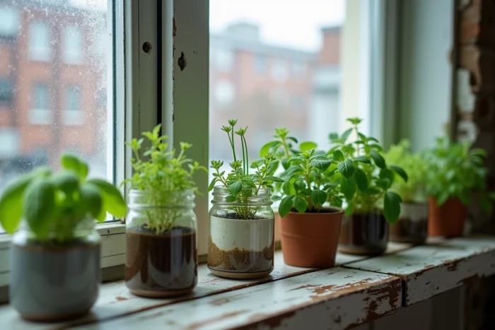 Jardin de fines herbes en pots sur un rebord de fenêtre d'appartement urbain avec vue sur la rue