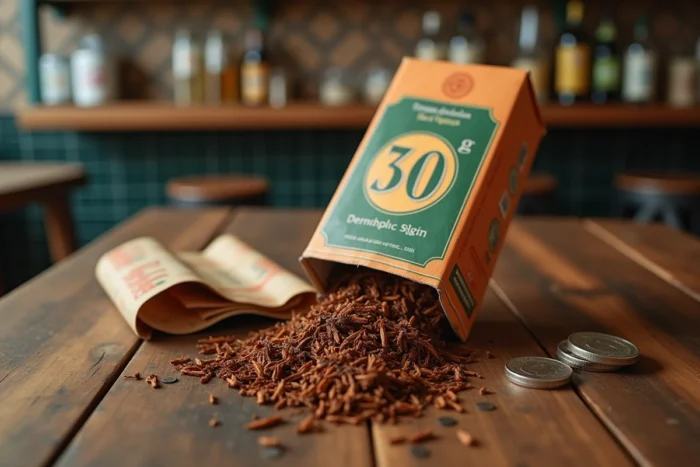 Paquet de tabac à rouler 30g ouvert avec pièces en euros sur une table en bois en Espagne