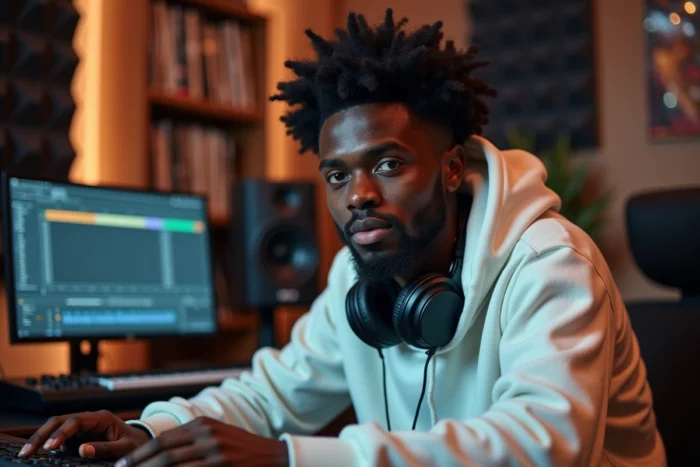 Jeune producteur de musique devant son studio home recording avec une session DAW affichant une basse 808 sur écran