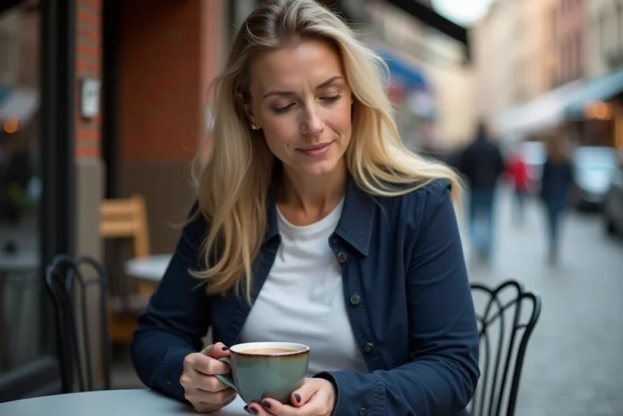 Femme blonde pensive dans un café en terrasse, illustrant la discrétion et la simplicité de Rebecca Soteros