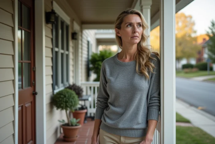 Femme devant une maison de banlieue américaine, symbolisant une vie familiale et discrète loin des projecteurs