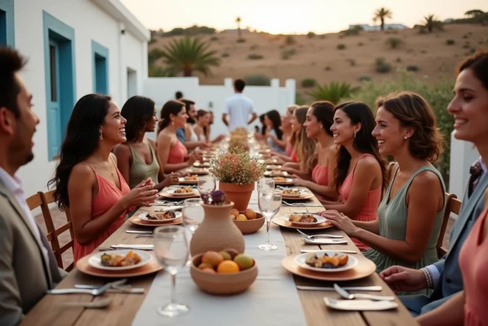 Réception de mariage en plein air au Cap Vert sur une terrasse en cobblestone avec tables décorées de bougainvillées et convives élégants à l'heure du dîner