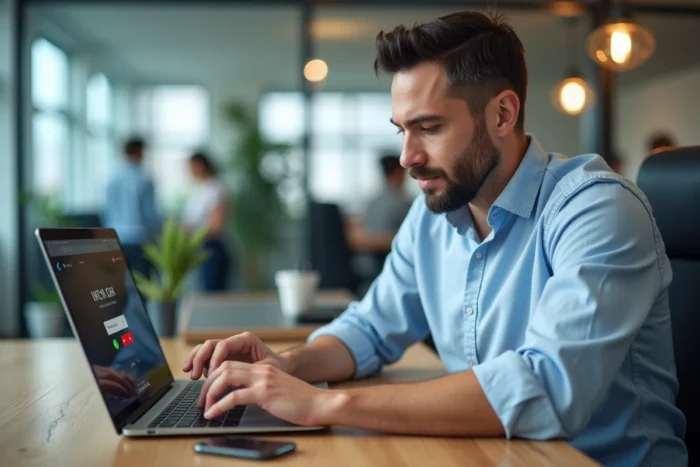 Homme recherchant un numéro de téléphone inconnu sur ordinateur portable dans un bureau moderne