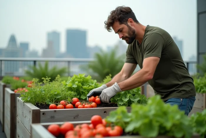 Homme récoltant tomates et salades dans des jardinières en bois sur une terrasse de toit citadine