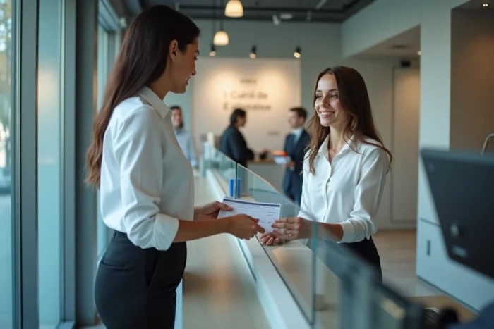 Femme remettant un chèque de grande valeur à un guichetier dans une banque française