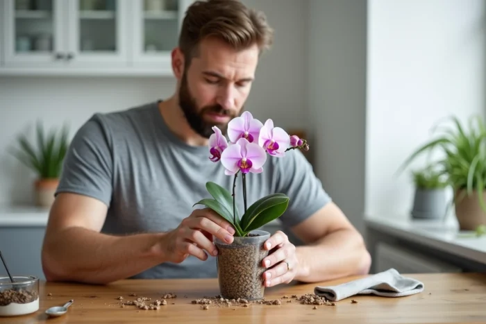 Homme rempotant une orchidée fanée dans un pot transparent avec de l'écorce fraîche sur une table en bois style scandinave
