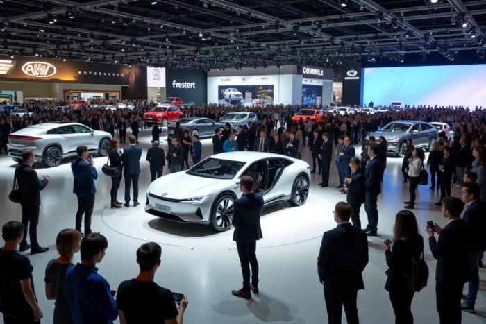Visiteurs découvrant des nouveautés automobiles lors d'un salon de l'automobile international