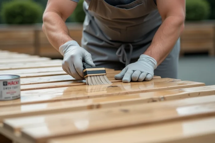 Application d'un saturateur bois extérieur sur les palettes d'une terrasse avec un large pinceau plat