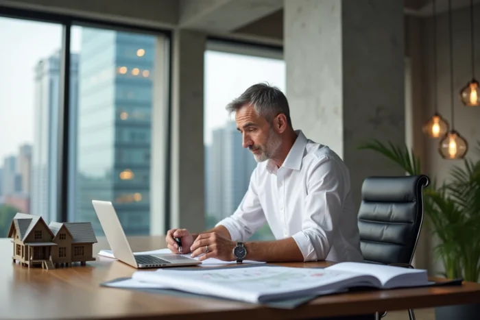 Professionnel de l'immobilier de luxe analysant des plans et documents dans un bureau moderne avec vue sur la ville