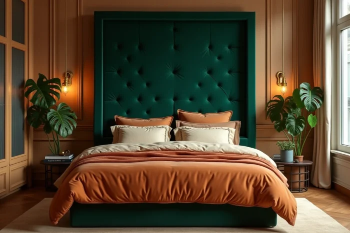 Chambre de style maximaliste avec tête de lit en velours vert, literie terre cuite et crème, et accessoires en laiton sur parquet en chevron
