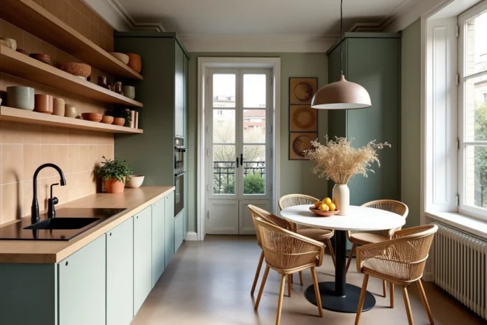 Cuisine et coin repas de style organique moderne avec carrelage en terre cuite, étagères en chêne fumé et table ronde en travertin entourée de chaises en rotin