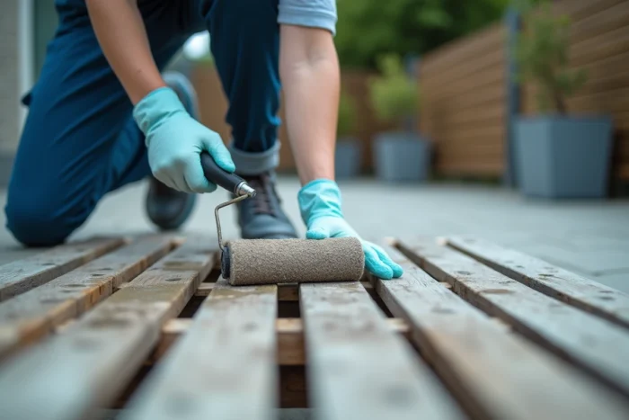 Application d'un traitement antidérapant au rouleau sur les lames de circulation d'une terrasse en palettes