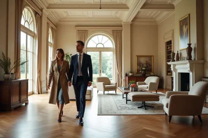 Couple élégant visitant une villa de luxe avec salon aux hauts plafonds et parquet en chevrons